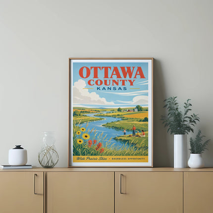 Vintage travel poster of Ottawa County, Kansas with river and farmland.