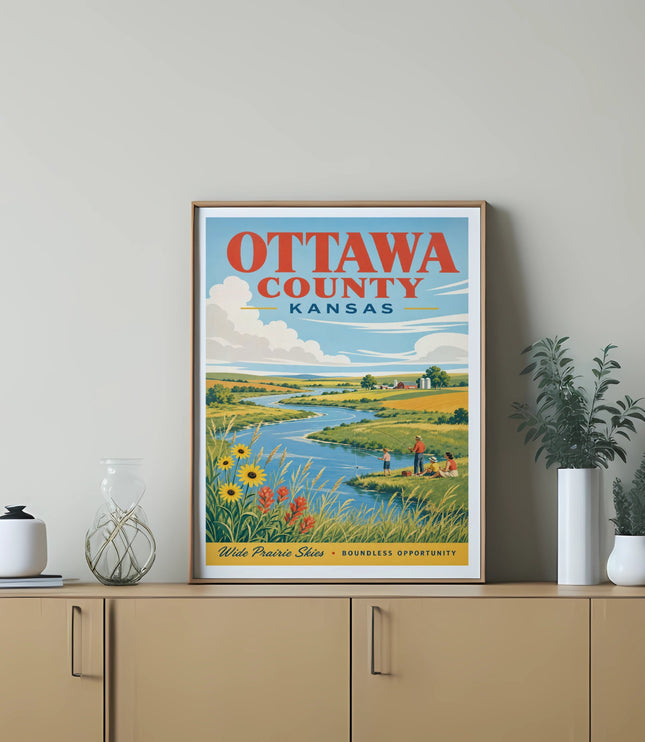 Vintage travel poster of Ottawa County, Kansas with river and farmland.