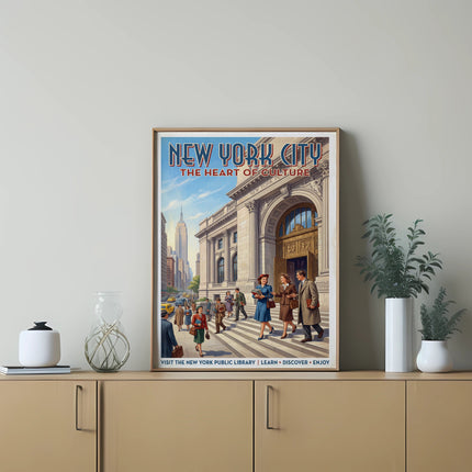New York City: The Heart of Culture poster, featuring people outside the library.
