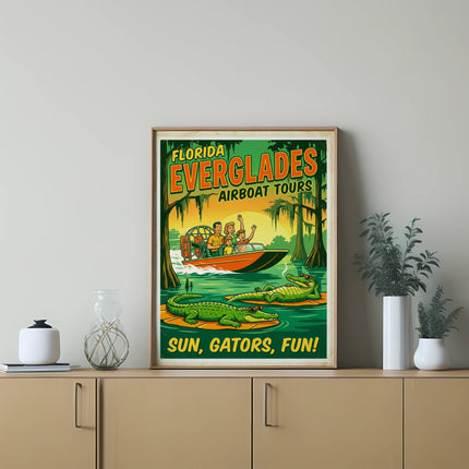 Florida Everglades Airboat Tours poster with alligators and boat in water.