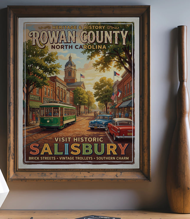 Vintage poster of Rowan County, North Carolina with a trolley and cars.