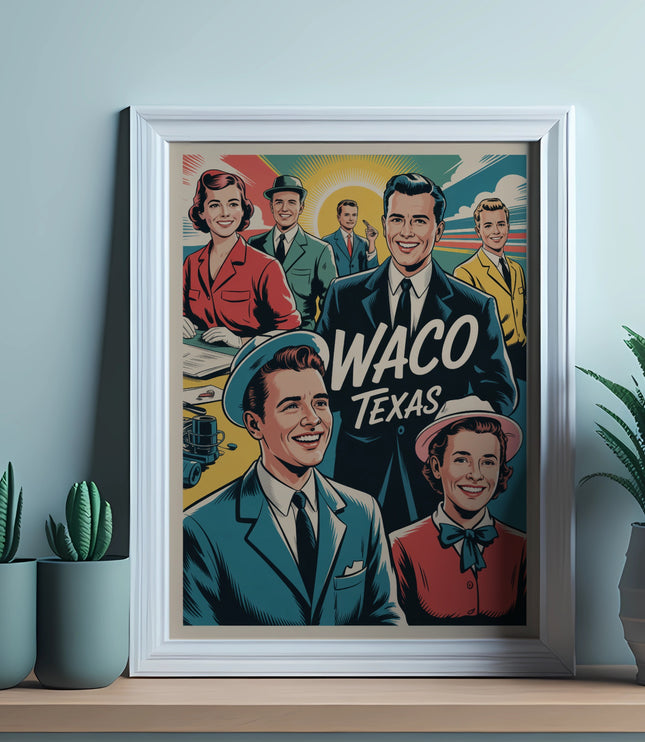 Framed illustration of smiling people with "Waco Texas" text.