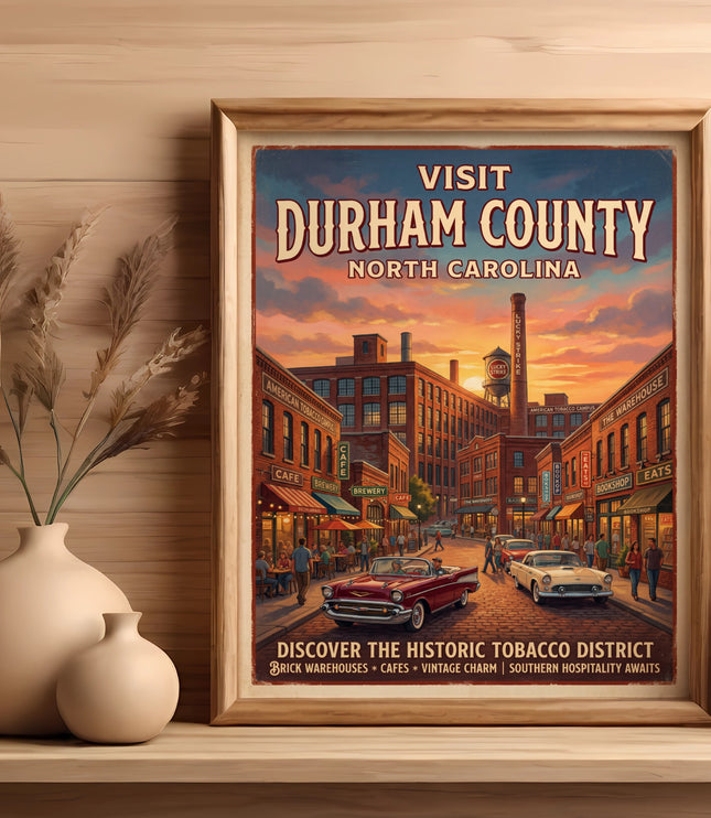 Visit Durham County North Carolina poster highlighting historic tobacco district.