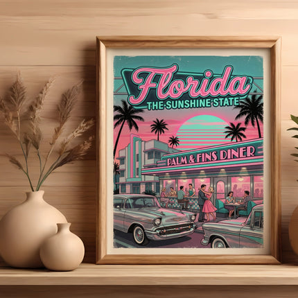 Retro Florida Sunshine State diner scene with palm trees and classic cars.