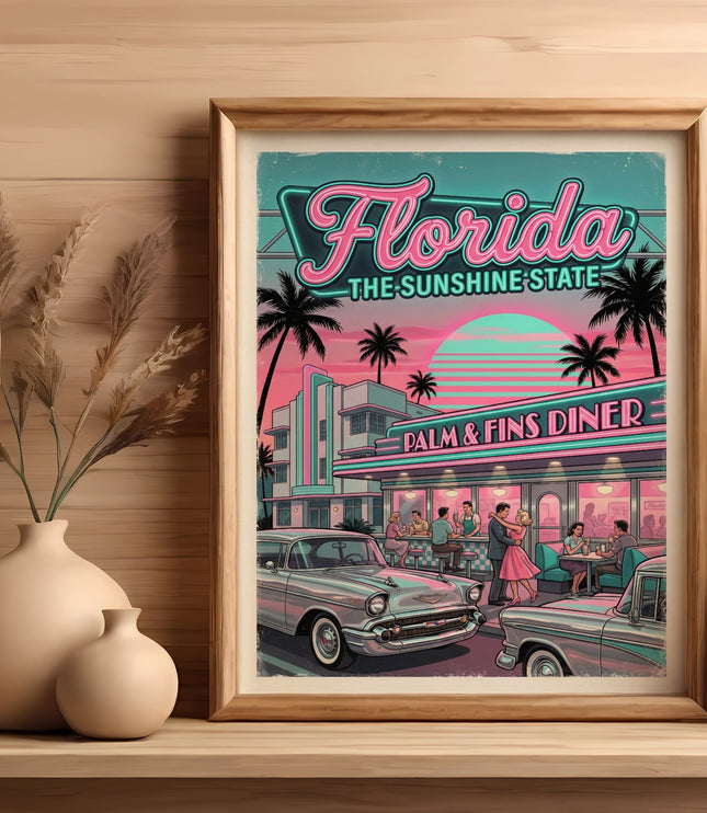 Retro Florida Sunshine State diner scene with palm trees and classic cars.