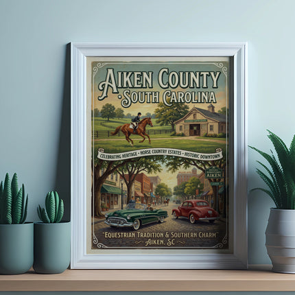 Vintage poster for Aiken County, South Carolina, showing equestrian and downtown scenes.