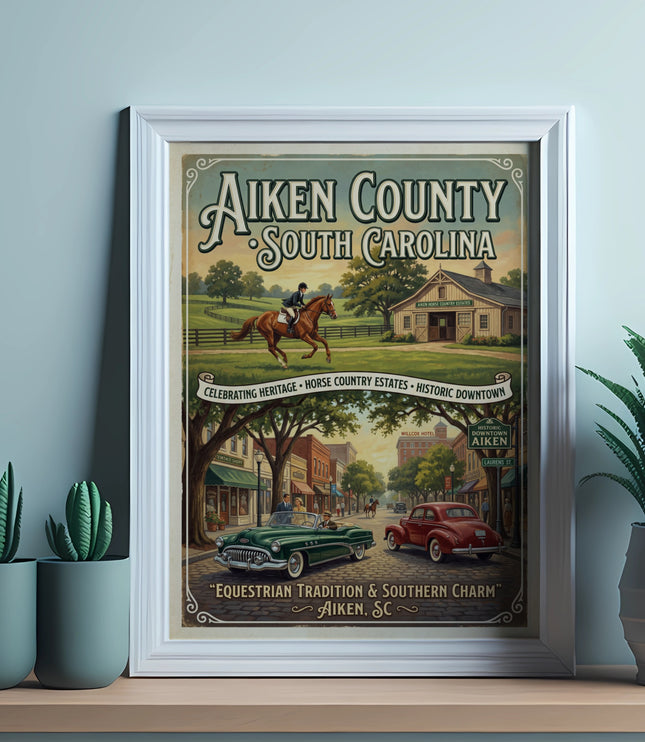 Vintage poster for Aiken County, South Carolina, showing equestrian and downtown scenes.