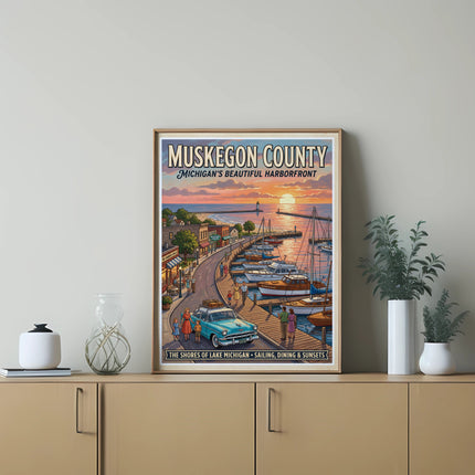 Muskegon County Michigan's Beautiful Harborfront vintage travel poster art.