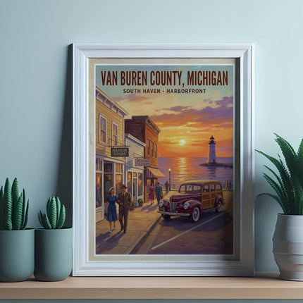 Van Buren County, Michigan depicts South Haven harborfront with a classic car and lighthouse at sunset.