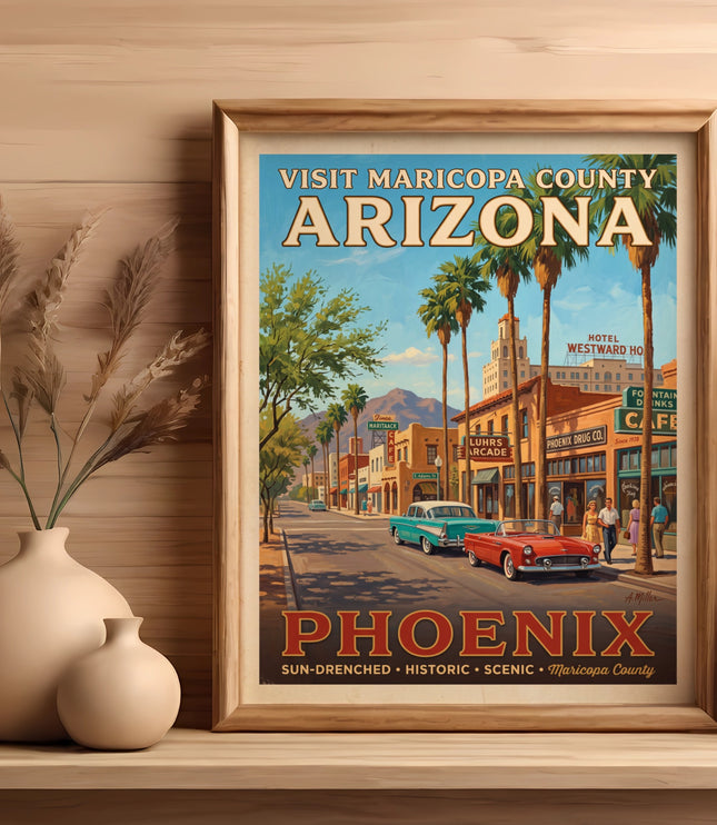 Vintage style poster depicting Phoenix, Arizona with vintage cars and palm trees.