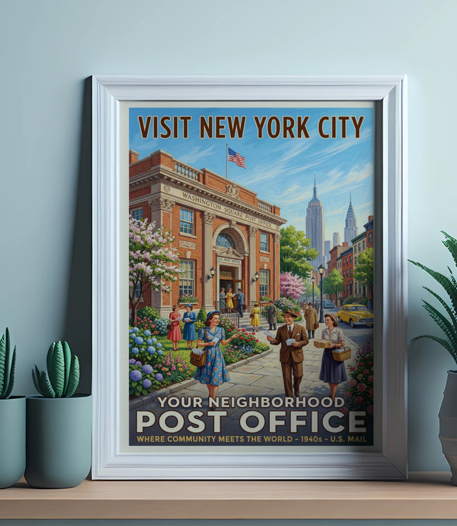 Vintage poster for Visit New York City featuring Washington Square Post Office.