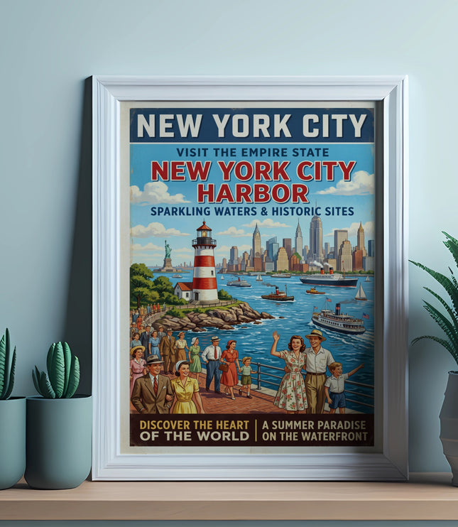 New York City Harbor vintage travel poster with lighthouse and skyline.