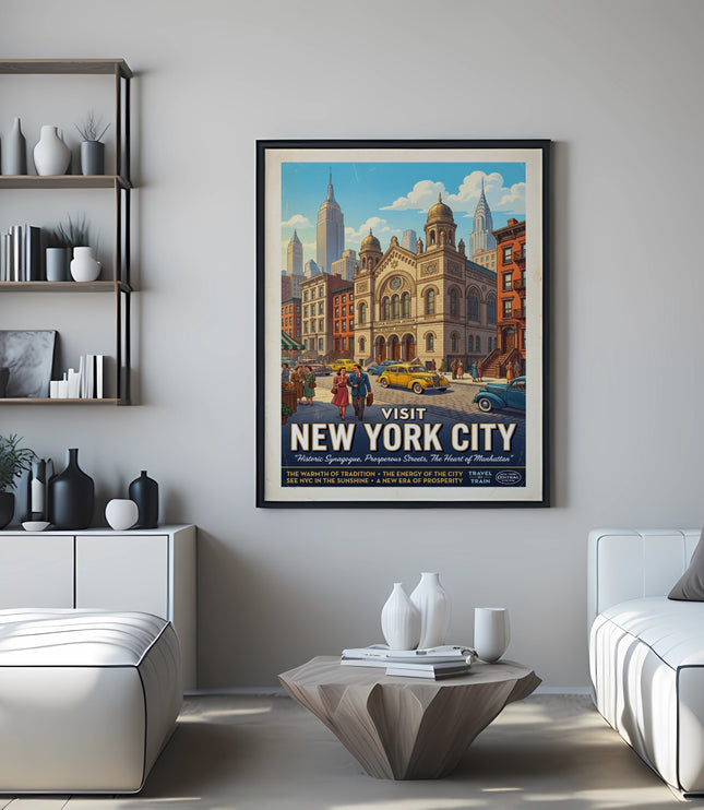 Vintage New York City poster with Empire State Building and historic synagogue.
