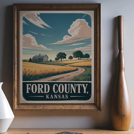 Ford County, Kansas vintage travel poster featuring a scenic landscape.