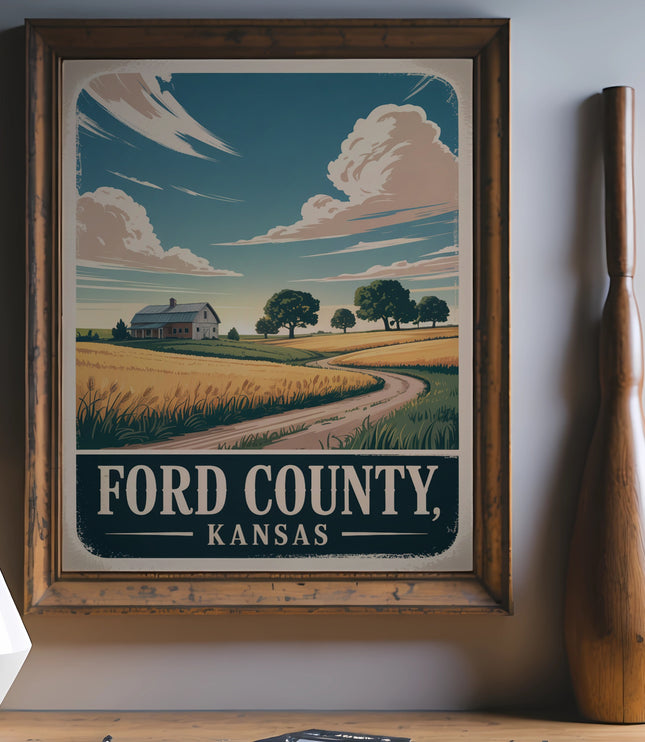 Ford County, Kansas vintage travel poster featuring a scenic landscape.