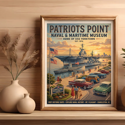 Patriots Point Naval Museum poster featuring USS Yorktown, submarines, vintage cars, and people.