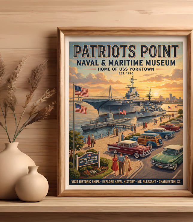 Patriots Point Naval Museum poster featuring USS Yorktown, submarines, vintage cars, and people.