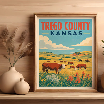 Vintage TREGO COUNTY KANSAS poster with cattle grazing in a field.