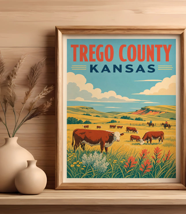 Vintage TREGO COUNTY KANSAS poster with cattle grazing in a field.