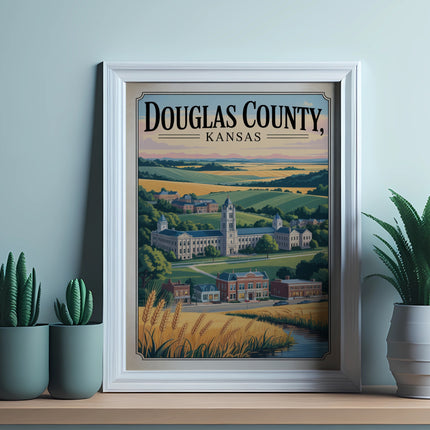 Framed poster of the Douglas County, Kansas courthouse building surrounded by fields.