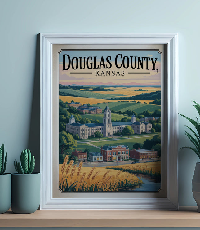 Framed poster of the Douglas County, Kansas courthouse building surrounded by fields.