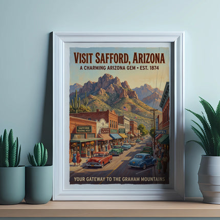 Retro travel poster for Safford, Arizona, featuring vintage cars and buildings.