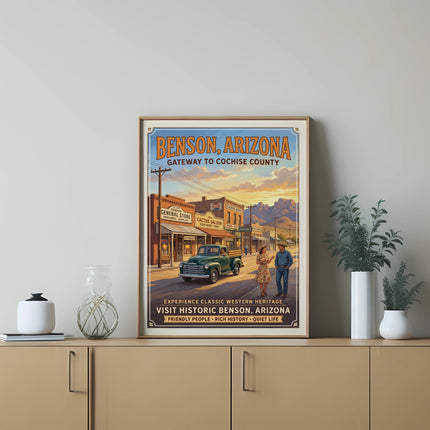 Benson, Arizona poster with vintage truck, couple, and town buildings.