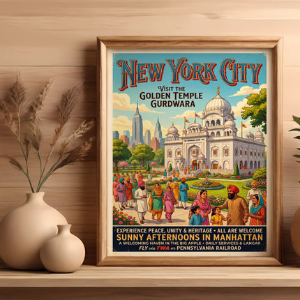 New York City Golden Temple Gurdwara poster with people and skyscrapers.