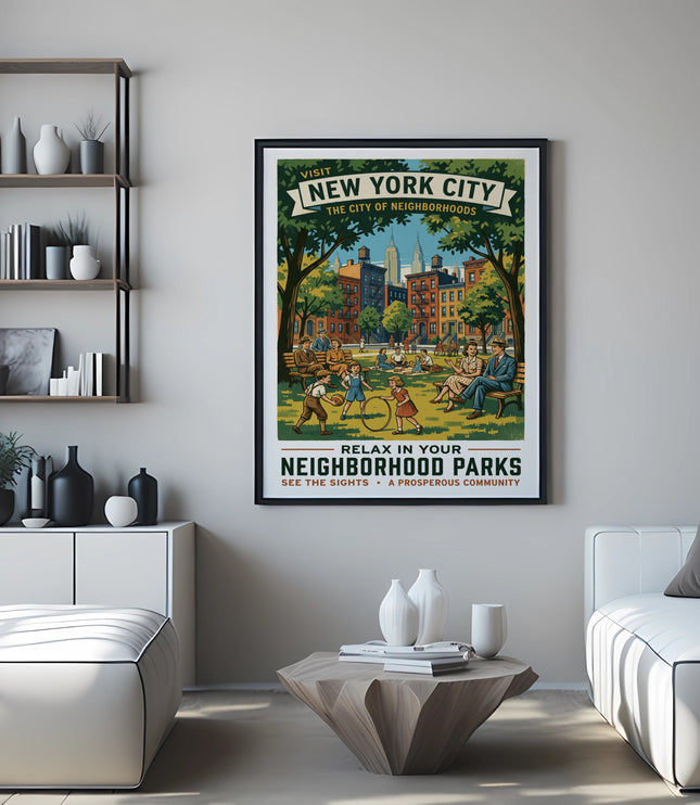 Framed poster of New York City neighborhoods with people relaxing in a park.