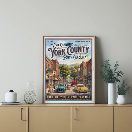 Retro poster promoting "Visit Charming York County South Carolina" with vintage cars.