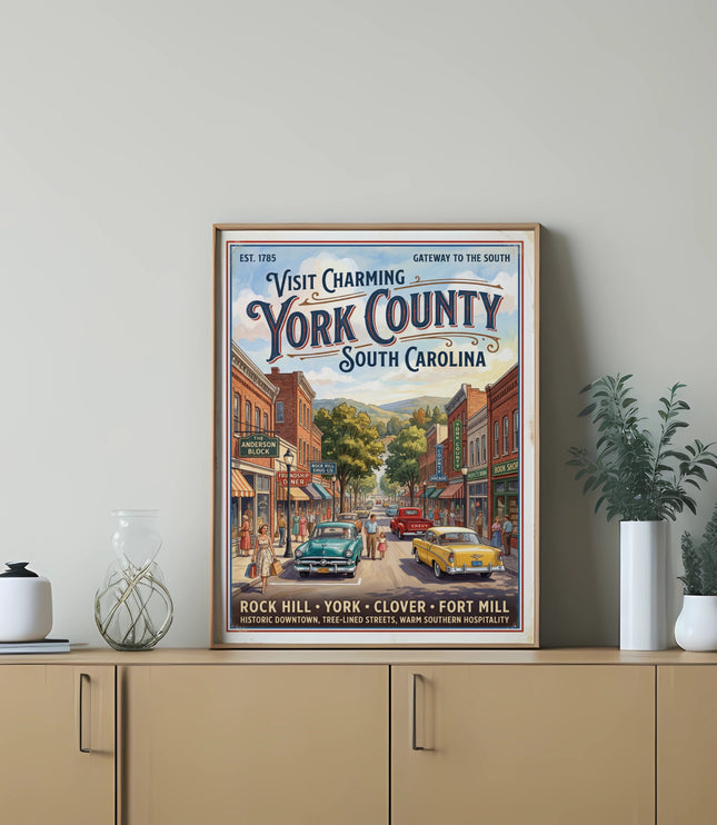 Retro poster promoting "Visit Charming York County South Carolina" with vintage cars.