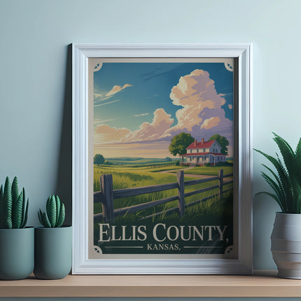 Framed poster showing a farmhouse and rural landscape labeled "ELLIS COUNTY, KANSAS".