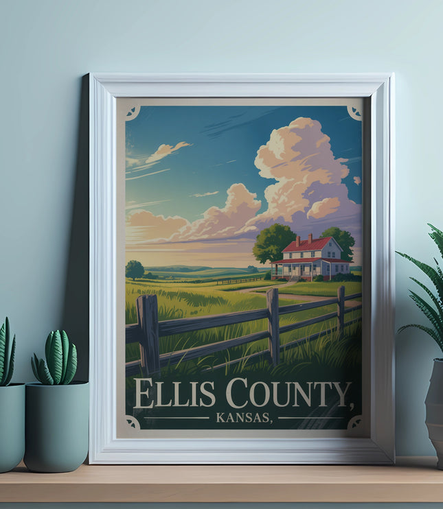 Framed poster showing a farmhouse and rural landscape labeled "ELLIS COUNTY, KANSAS".