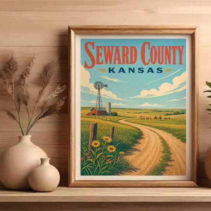 Framed poster of Seward County, Kansas landscape with windmill and cows.