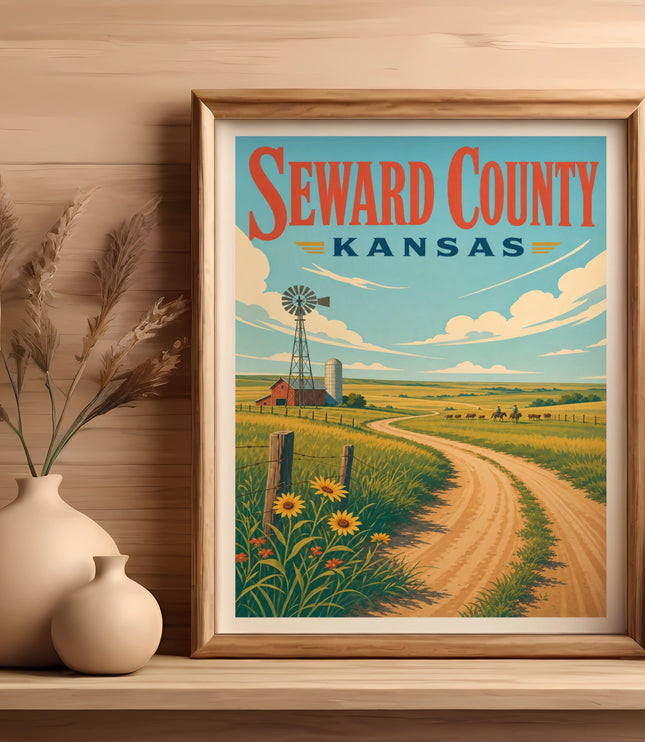 Framed poster of Seward County, Kansas landscape with windmill and cows.