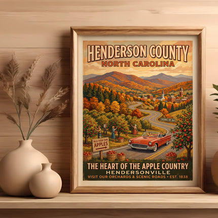 Henderson County, NC vintage travel poster featuring apple picking and scenic roads.