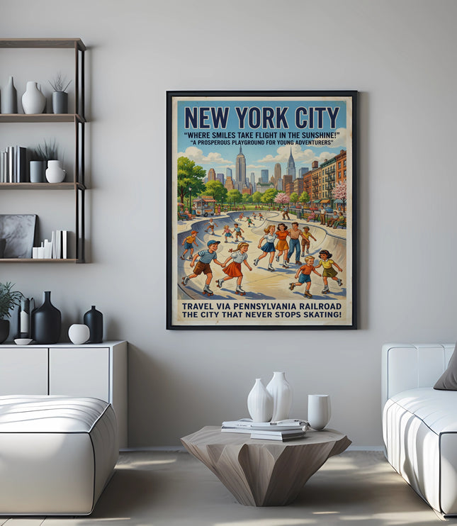 New York City poster with children skating, Empire State Building visible.