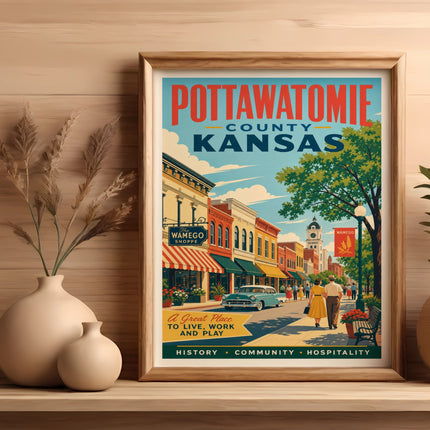 Pottawatomie County Kansas vintage travel poster with Wamego shops and text.