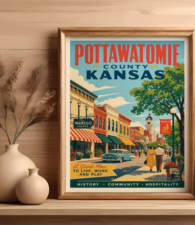 Pottawatomie County Kansas vintage travel poster with Wamego shops and text.