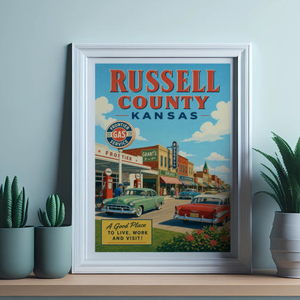 Vintage "Russell County, Kansas" poster with classic cars and storefronts.