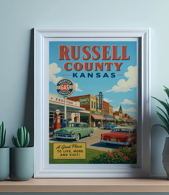 Vintage "Russell County, Kansas" poster with classic cars and storefronts.