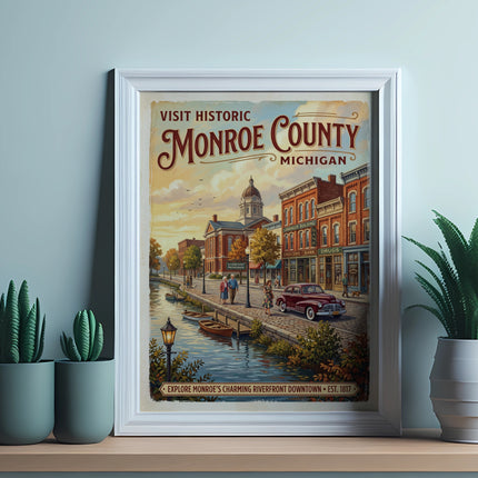 Visit Historic Monroe County, Michigan vintage poster with riverfront downtown scene.