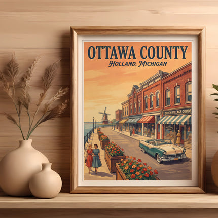 Framed artwork depicting Ottawa County, Holland, Michigan, street scene with windmill.