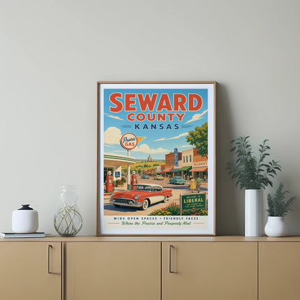 Vintage poster for Seward County, Kansas, featuring a classic car and "Welcome to Liberal."
