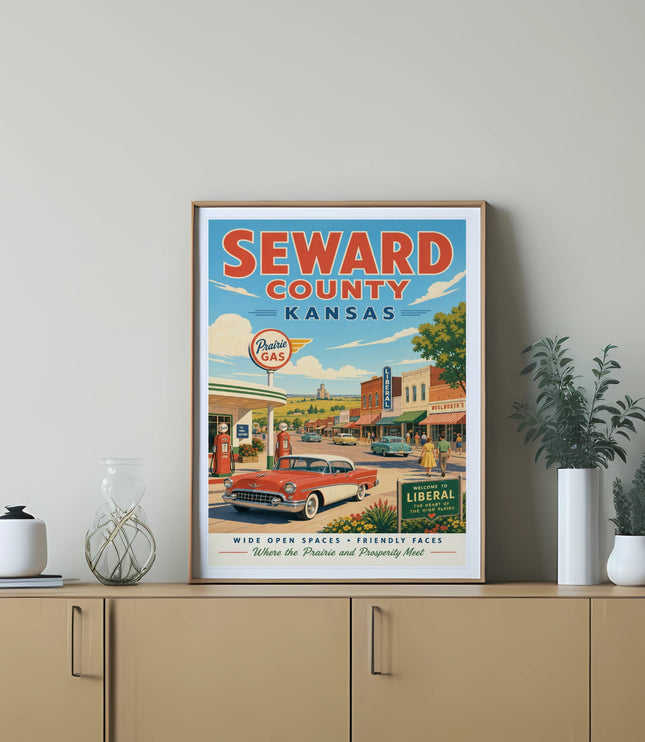 Vintage poster for Seward County, Kansas, featuring a classic car and "Welcome to Liberal."