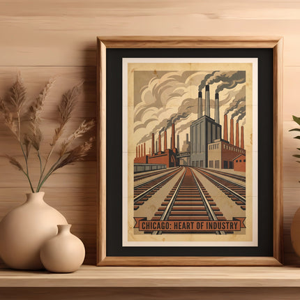 Vintage industrial poster of Chicago with smokestacks and train tracks.