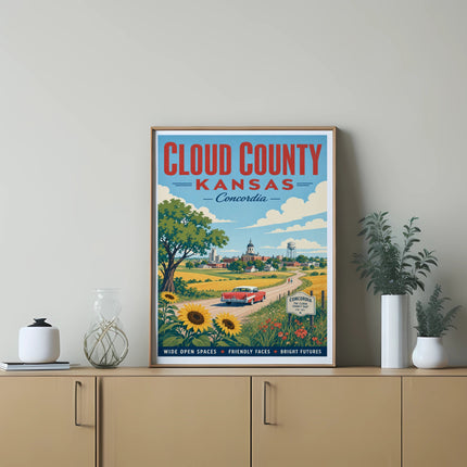 Vintage poster for Cloud County, Kansas, featuring sunflowers and a car.