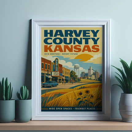 Framed vintage travel poster for Harvey County, Kansas, featuring Newton.