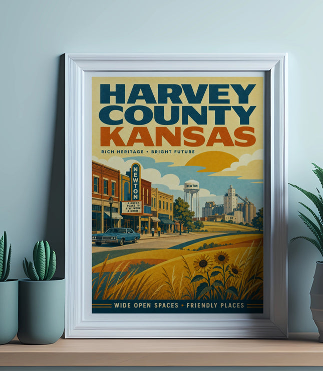 Framed vintage travel poster for Harvey County, Kansas, featuring Newton.