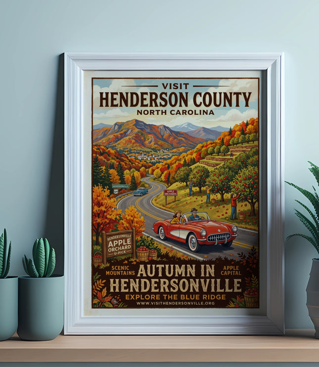 Vintage travel poster for Henderson County, North Carolina featuring autumn scenery and apple orchards.